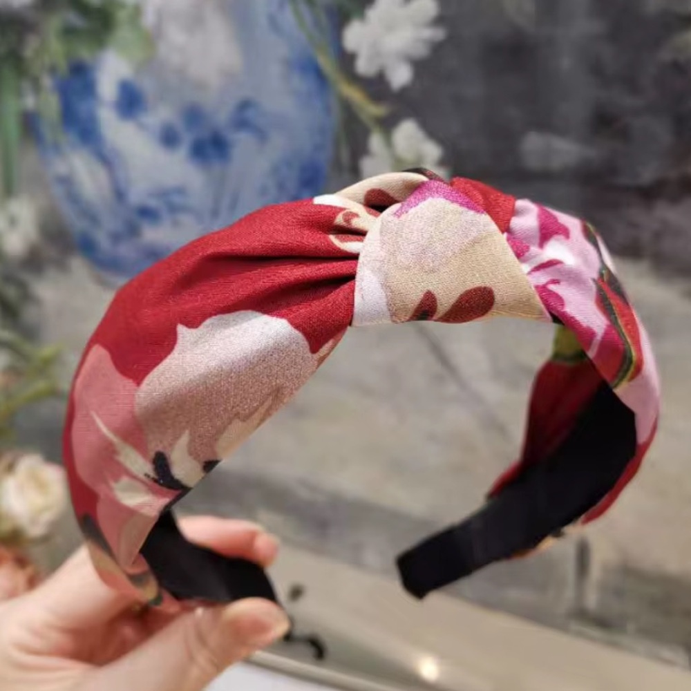 Red and Cream Silken Foral Headband with Topknot